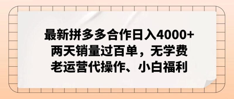 最新拼多多合作日入4000+两天销量过百单，无学费、老运营代操作、小白福利睿集资源栈-网赚项目-副业赚钱-互联网创业-资源整合睿集资源栈