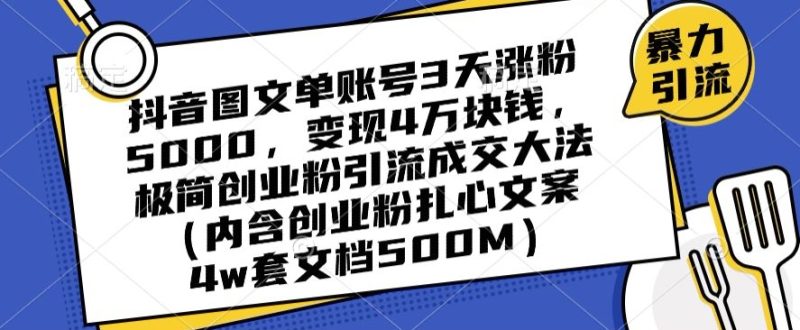 抖音图文单账号3天涨粉5000,变现4万块钱,极简创业粉引流成交大法睿集资源栈-网赚项目-副业赚钱-互联网创业-资源整合睿集资源栈