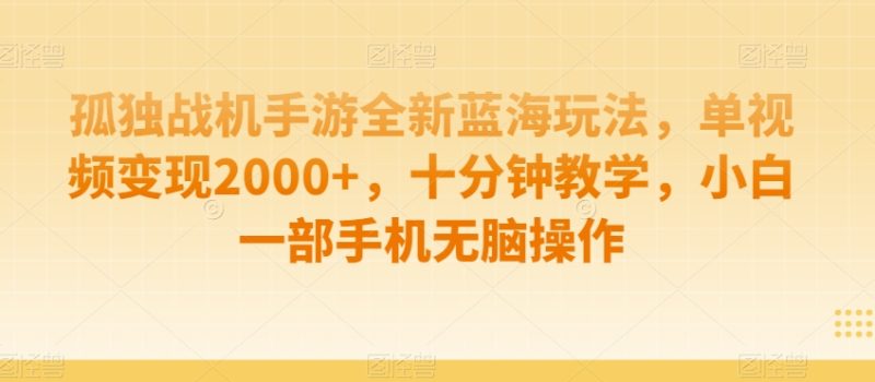 孤独战机手游全新蓝海玩法,单视频变现2000+,十分钟教学,小白一部手机无脑操作睿集资源栈-网赚项目-副业赚钱-互联网创业-资源整合睿集资源栈